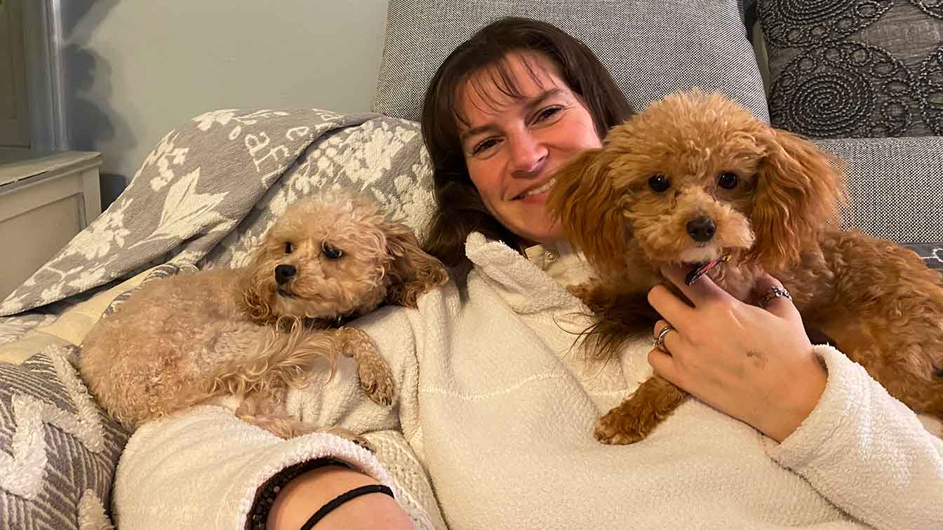 Woman laying down in a couch with two Cavapoo puppies