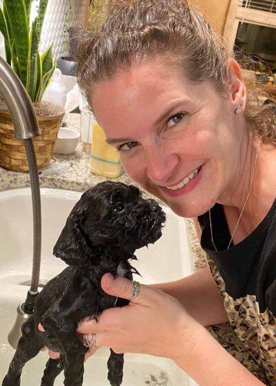 Owner of Jones Farm giving a black Cavapoo puppy a bath in a sink