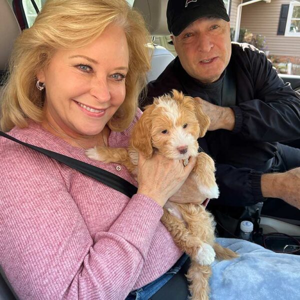 Couple in a car holding a beige and white puppy