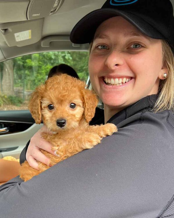 Woman holding a Cavapoo puppy