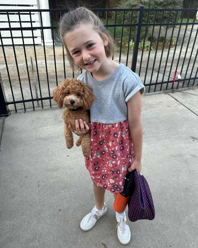 Young girl holding a small cream Cavapoo puppy