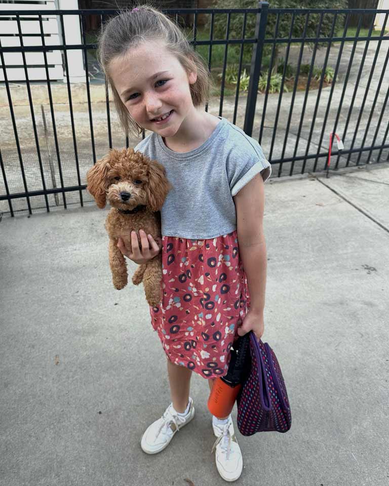 Young girl holding a Cavapoo in one arm