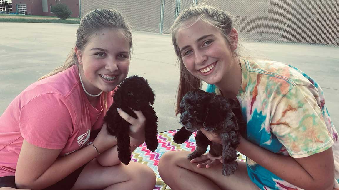 Two teenage girls holding two Cavapoo puppies