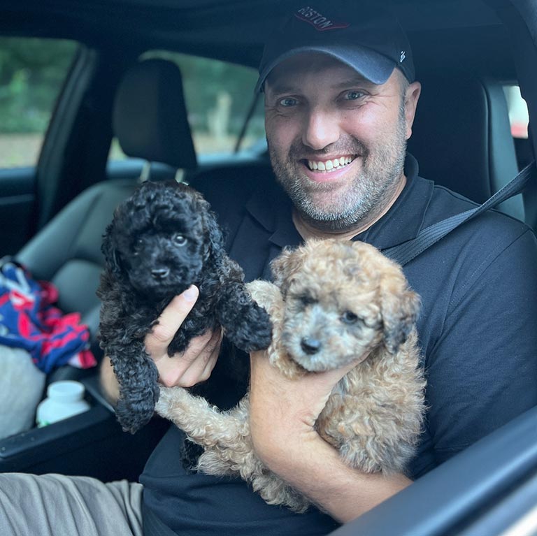 Man holding two Cavapoo puppies in a car