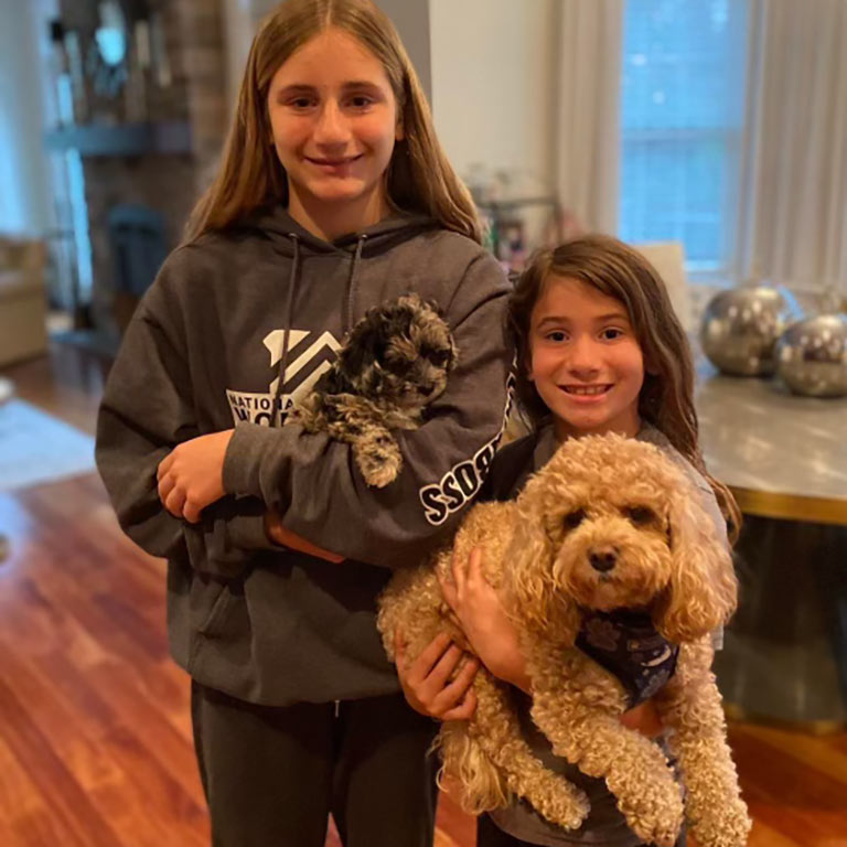Two young girls holding two Cavapoo dogs