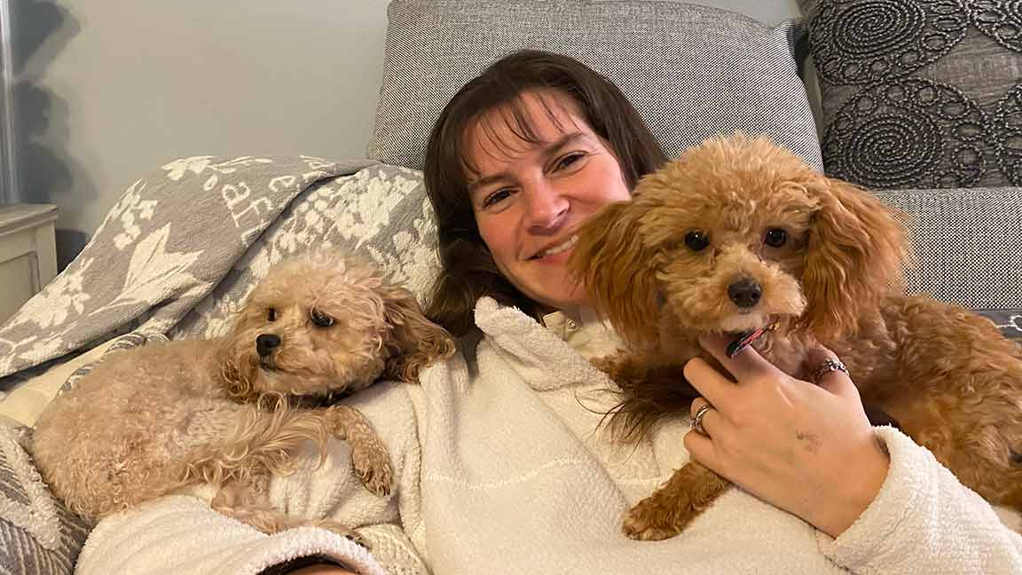 Woman laying down with two Cavapoos puppies