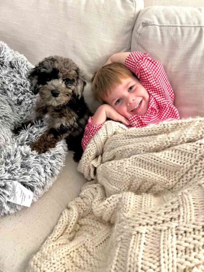 Young boy laying in a couch with a Cavapoo puppy