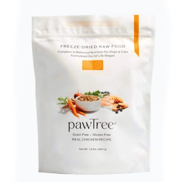 A white bag of pawTree freeze-dried raw food for dogs and cats, labeled Real Chicken Recipe. The packaging shows a bowl of food with chicken, vegetables, and greens. The bag is 1.5 lbs and highlights Grain Free and Gluten Free.