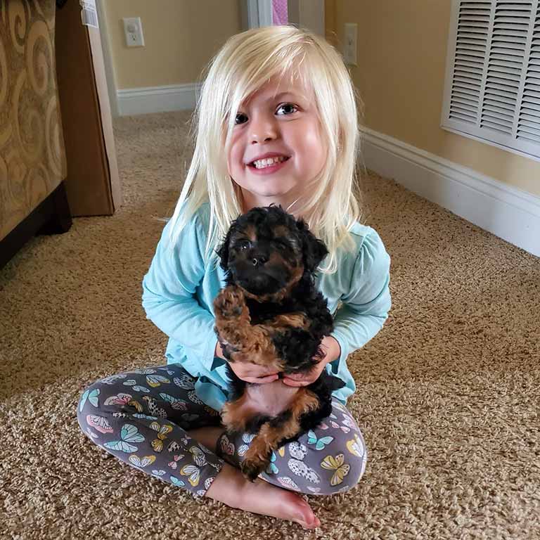 A young girl with blonde hair sits on a carpeted floor, smiling as she holds a small black and brown puppy in her lap. Dressed in a blue shirt and butterfly leggings, she laughs as the puppy recovers from a burst of zoomies.