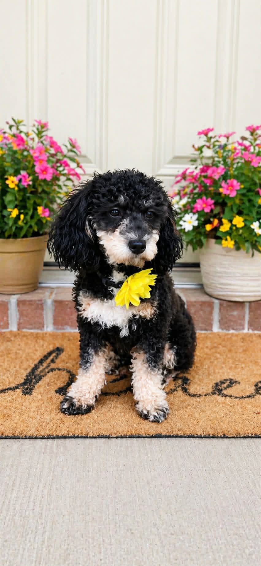 A black and white curly-haired dog with a yellow flower collar sits on a doormat in front of a door, with two pots of colorful flowers on either side.
